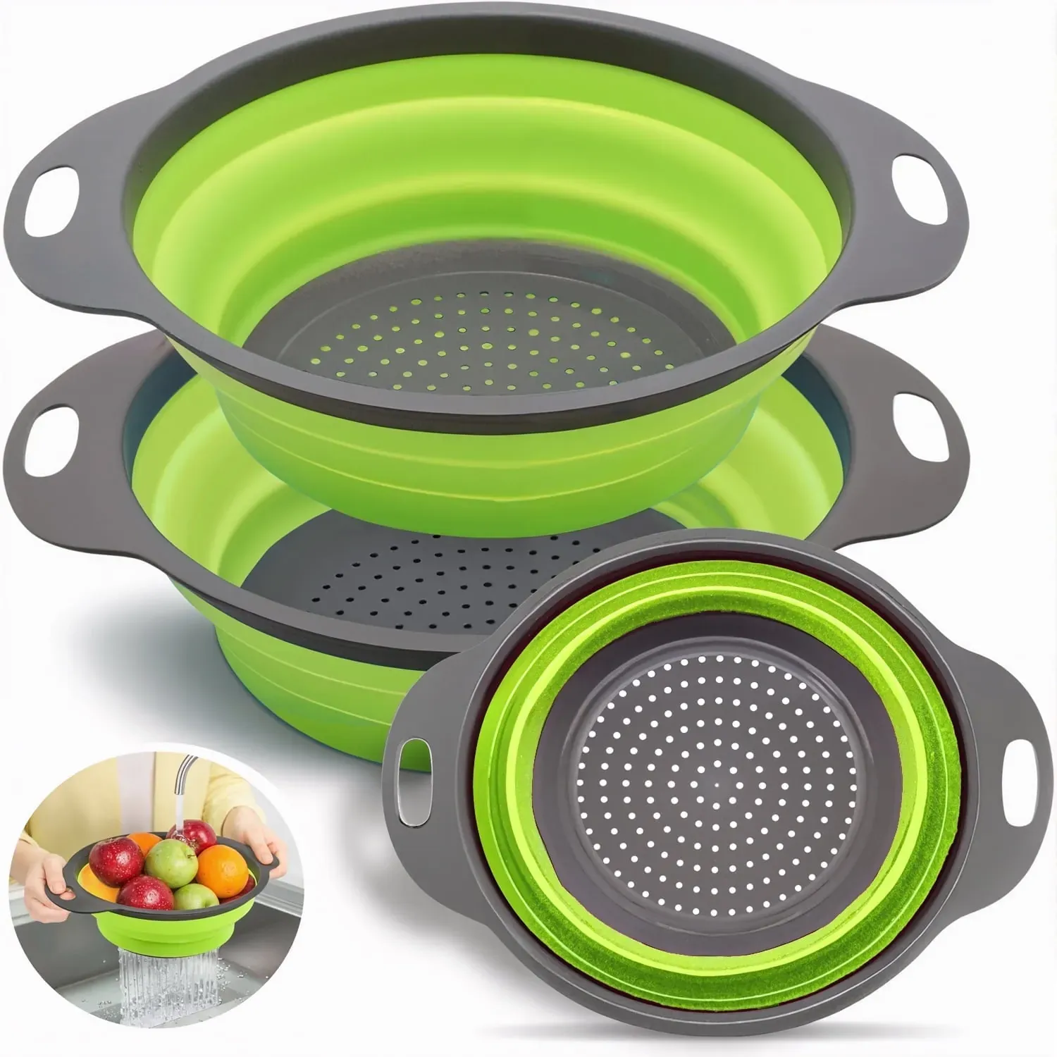 Collapsible Colander Set of 3 Round Silicone Strainers in Green, 2 x 4 Quart and 1 x 2 Quart (2-Pack)